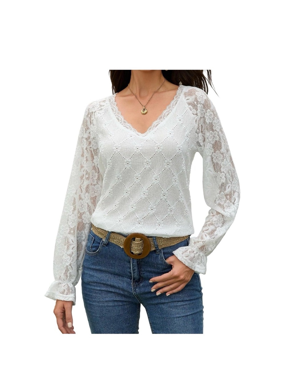 Women's White Lace V-Neck Long Sleeve Top